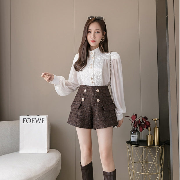 Tweed High Waist Side Fake Pocket Shorts