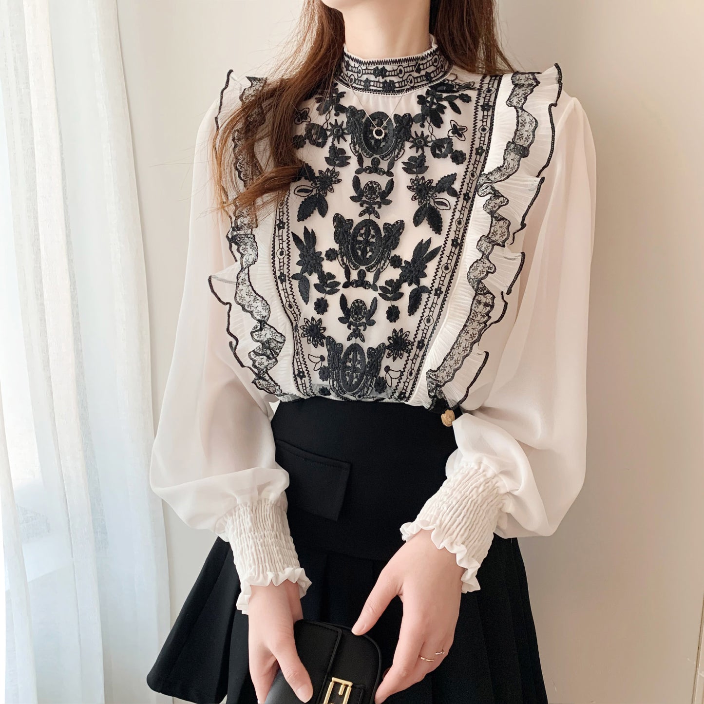 Lace Embroidery Smocked Sleeve Chiffon Blouse