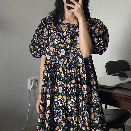 Floral Bubble Sleeve Maxi Dress