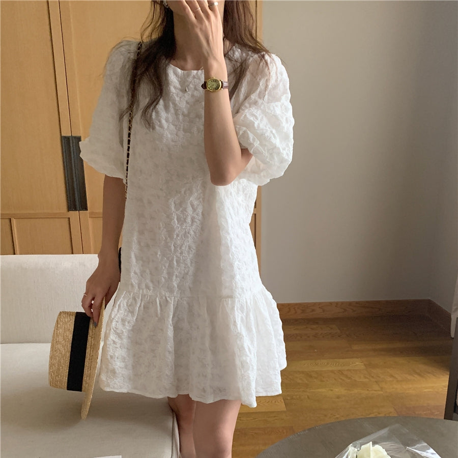 Embroidery Puff Sleeve Ruffle Hem Dress