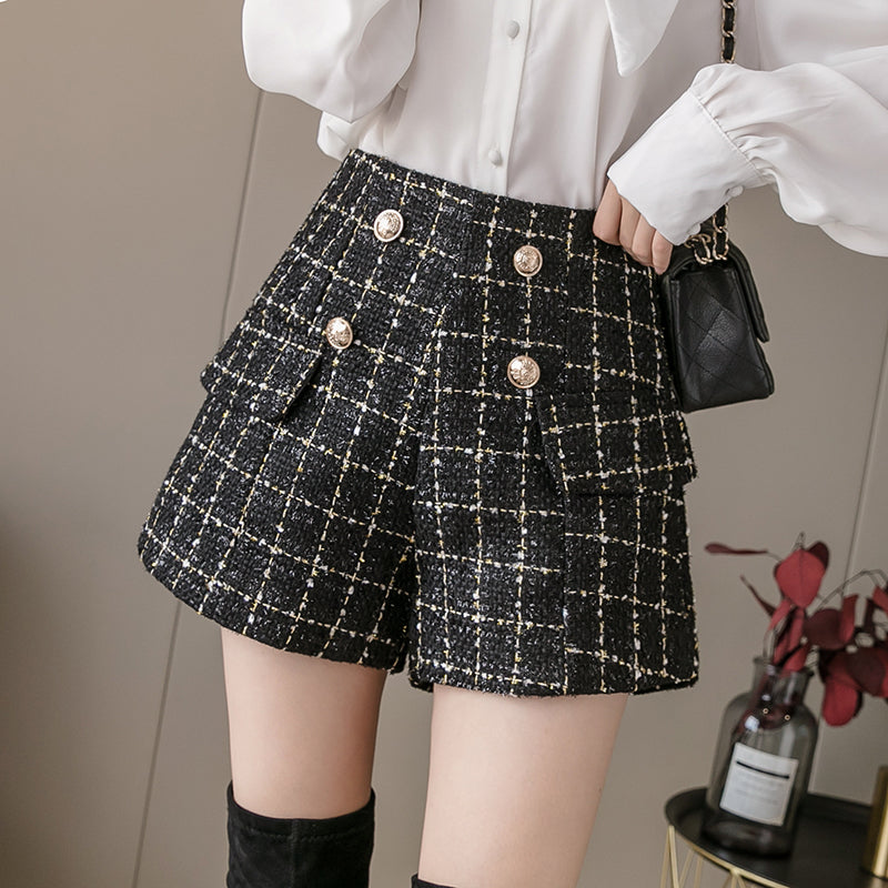 Tweed High Waist Side Fake Pocket Shorts