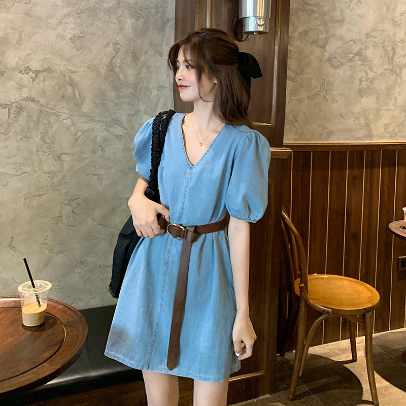 Denim V-Neck Puff Sleeve Dress