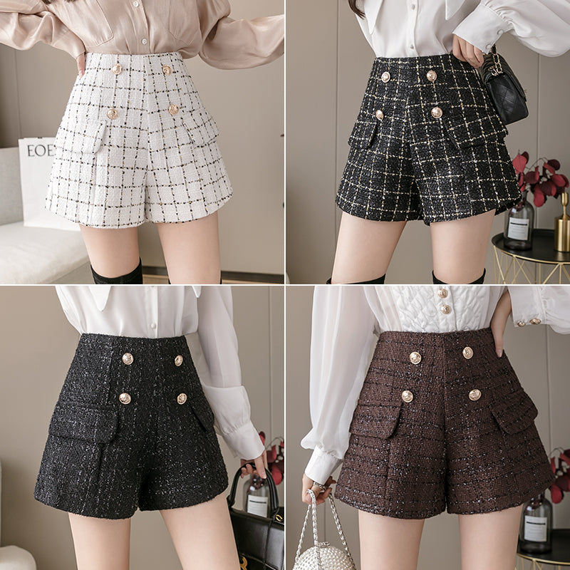 Tweed High Waist Side Fake Pocket Shorts