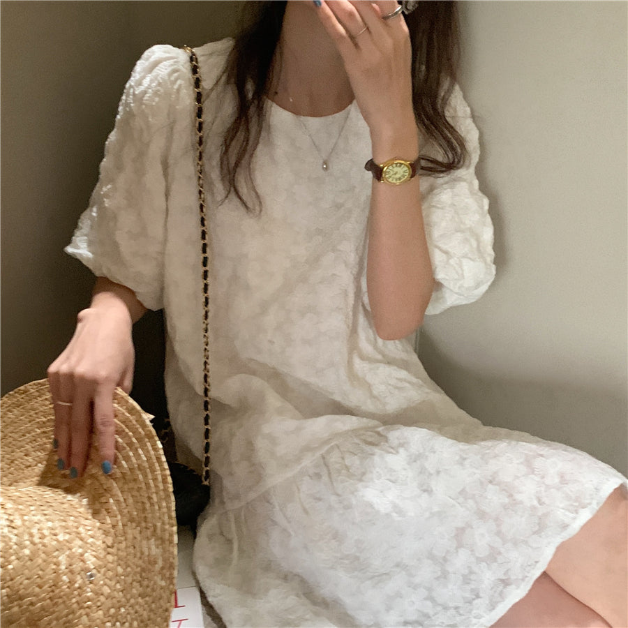 Embroidery Puff Sleeve Ruffle Hem Dress