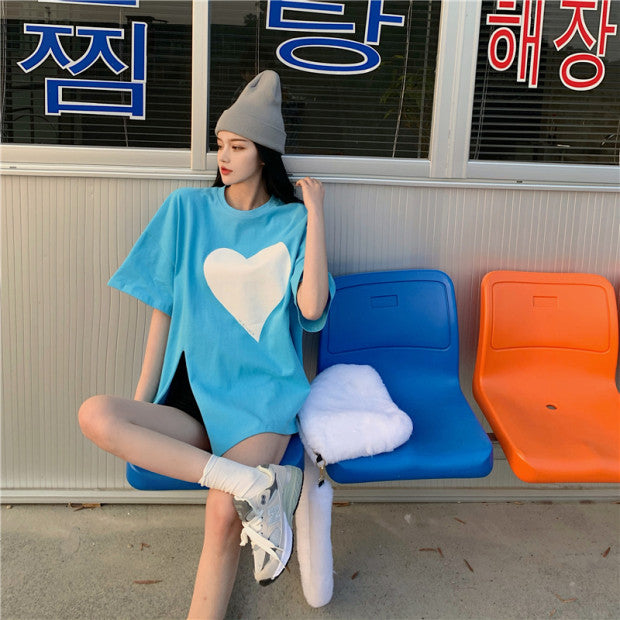 Heart Shaped Side Slit Oversized Tee