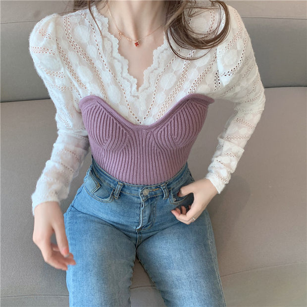 Eyelet Faux 2pcs Knit Top