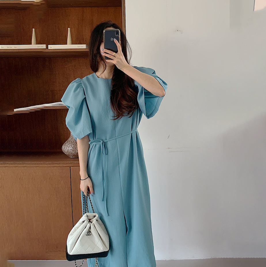 Puff Sleeve Front Slit Maxi Dress