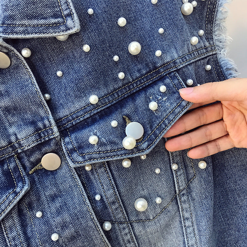 Pearl Embellishment Denim Vest