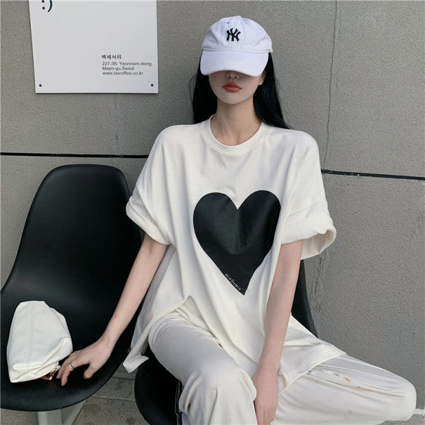 Heart Shaped Side Slit Oversized Tee