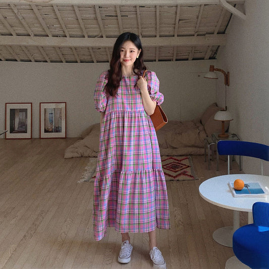 Checkered Bubble Sleeve Layered Long Dress