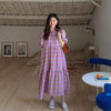 Checkered Bubble Sleeve Layered Long Dress