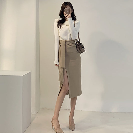 Side Slit Mid Length High Waist Skirt