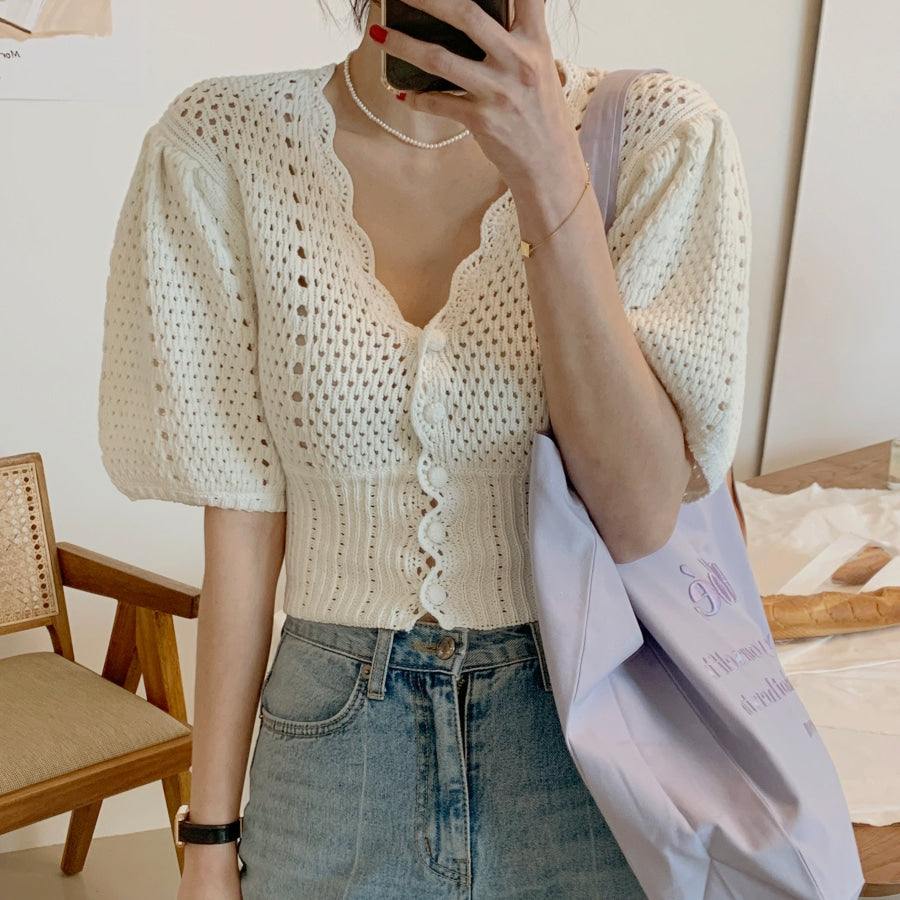 Crochet Knit Puff Sleeve Button Down Crop Top