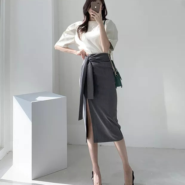 Side Slit Mid Length High Waist Skirt