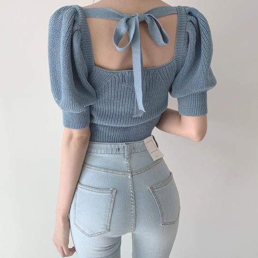 Square Collar Bubble Sleeve Knit Top