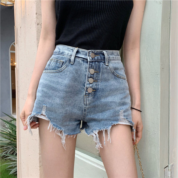 Ripped Button Down Denim Shorts