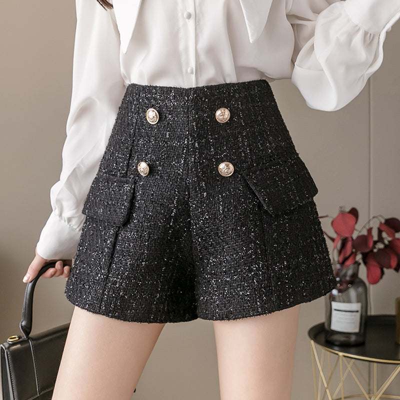 Tweed High Waist Side Fake Pocket Shorts