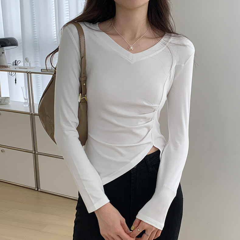 Brianna Side Pleats V-Neck Long Sleeve Top