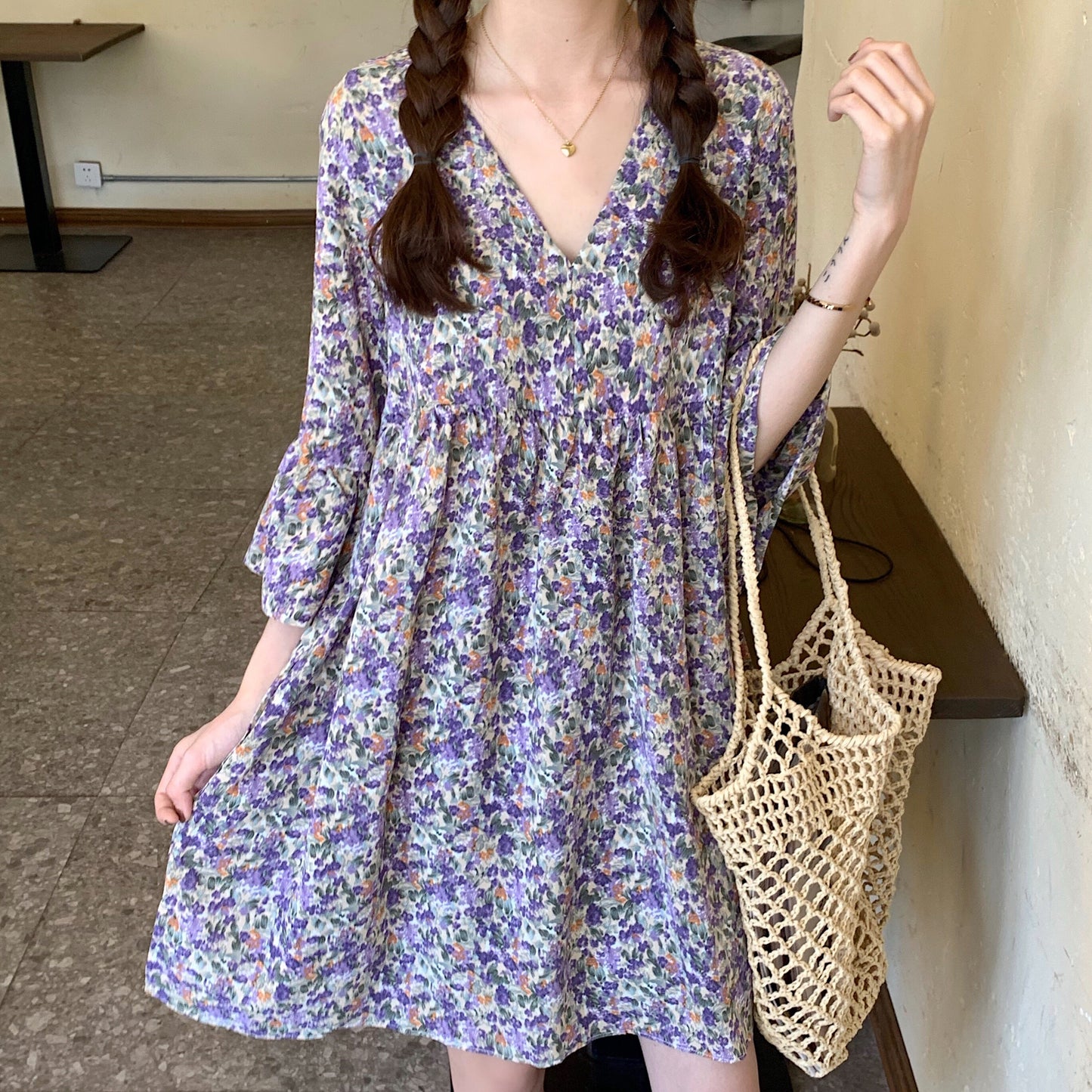 Trumpet Sleeve Floral Babydoll Dress