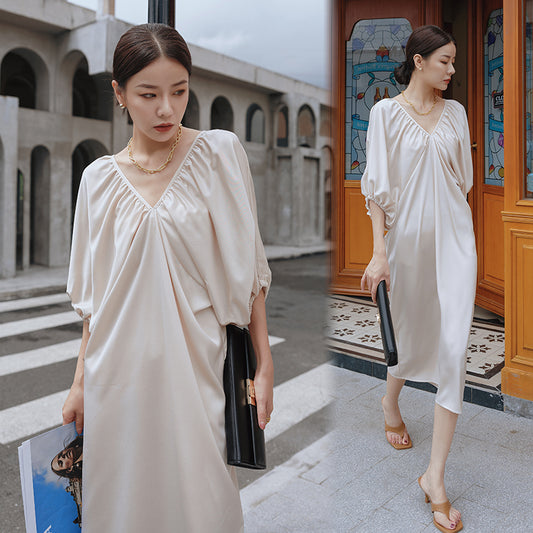 Balloon Sleeve V-Neck Loose Fit Dress