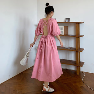 Hollow Back Tie Puff Sleeve Midi Dress