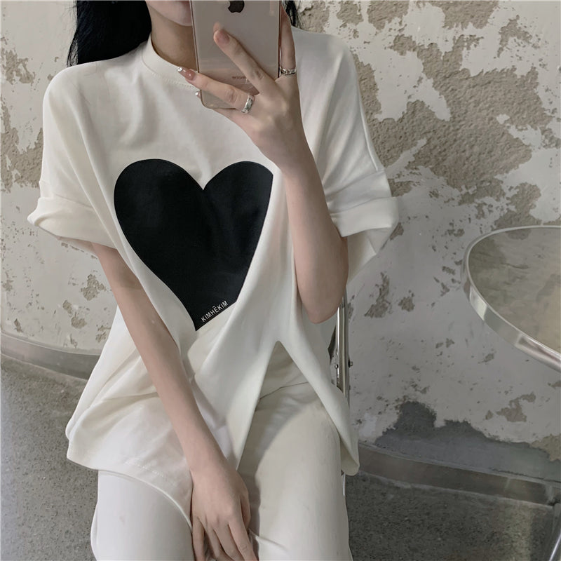 Heart Shaped Side Slit Oversized Tee