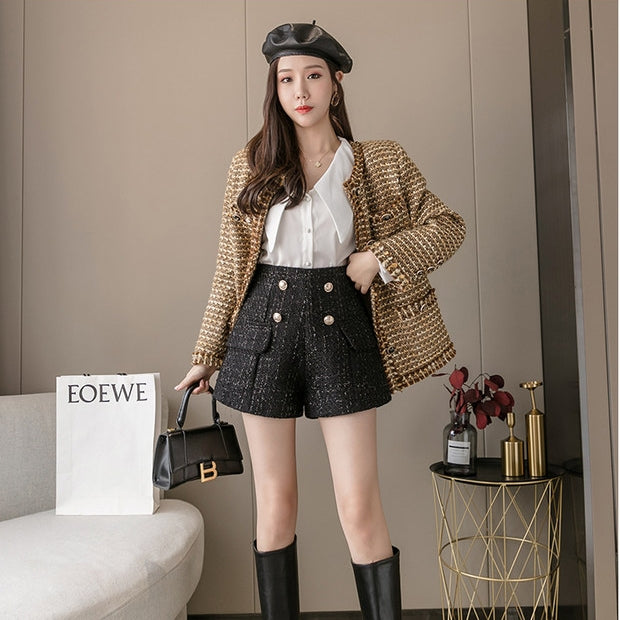 Tweed High Waist Side Fake Pocket Shorts