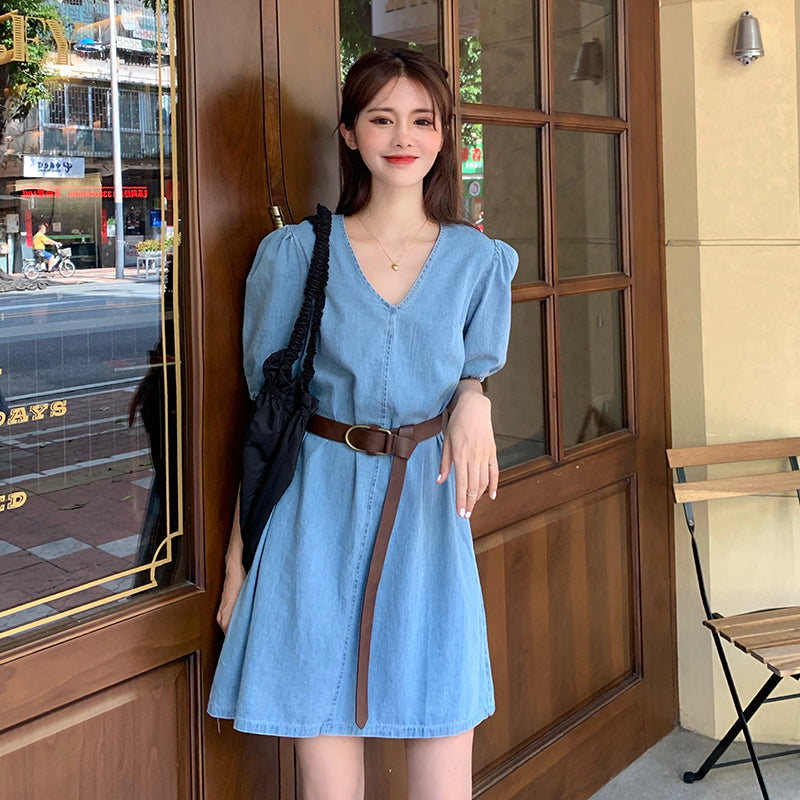 Denim V-Neck Puff Sleeve Dress