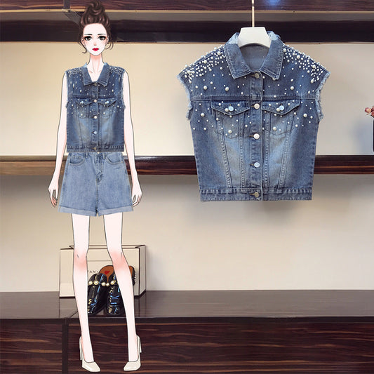 Pearl Embellishment Denim Vest