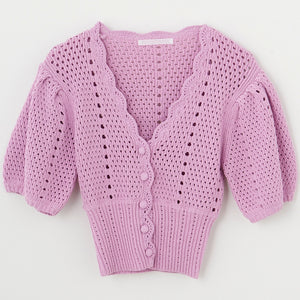 Crochet Knit Puff Sleeve Button Down Crop Top