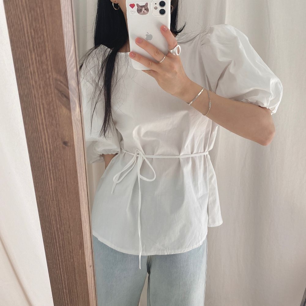 Bubble Sleeve Round Neck Top