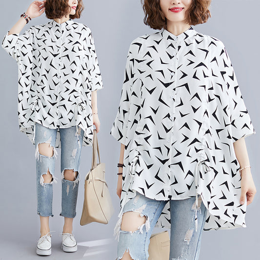 Front Drawstring Mandarin Collar Printed Shirt