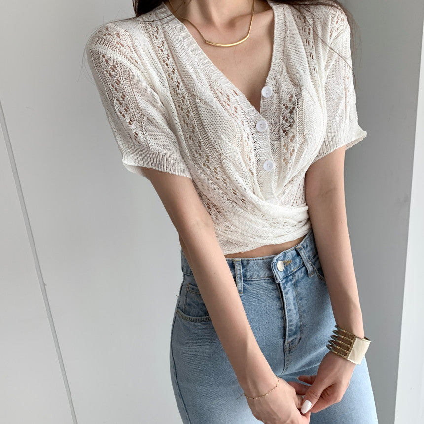 Twist Front Button Down Knit Top