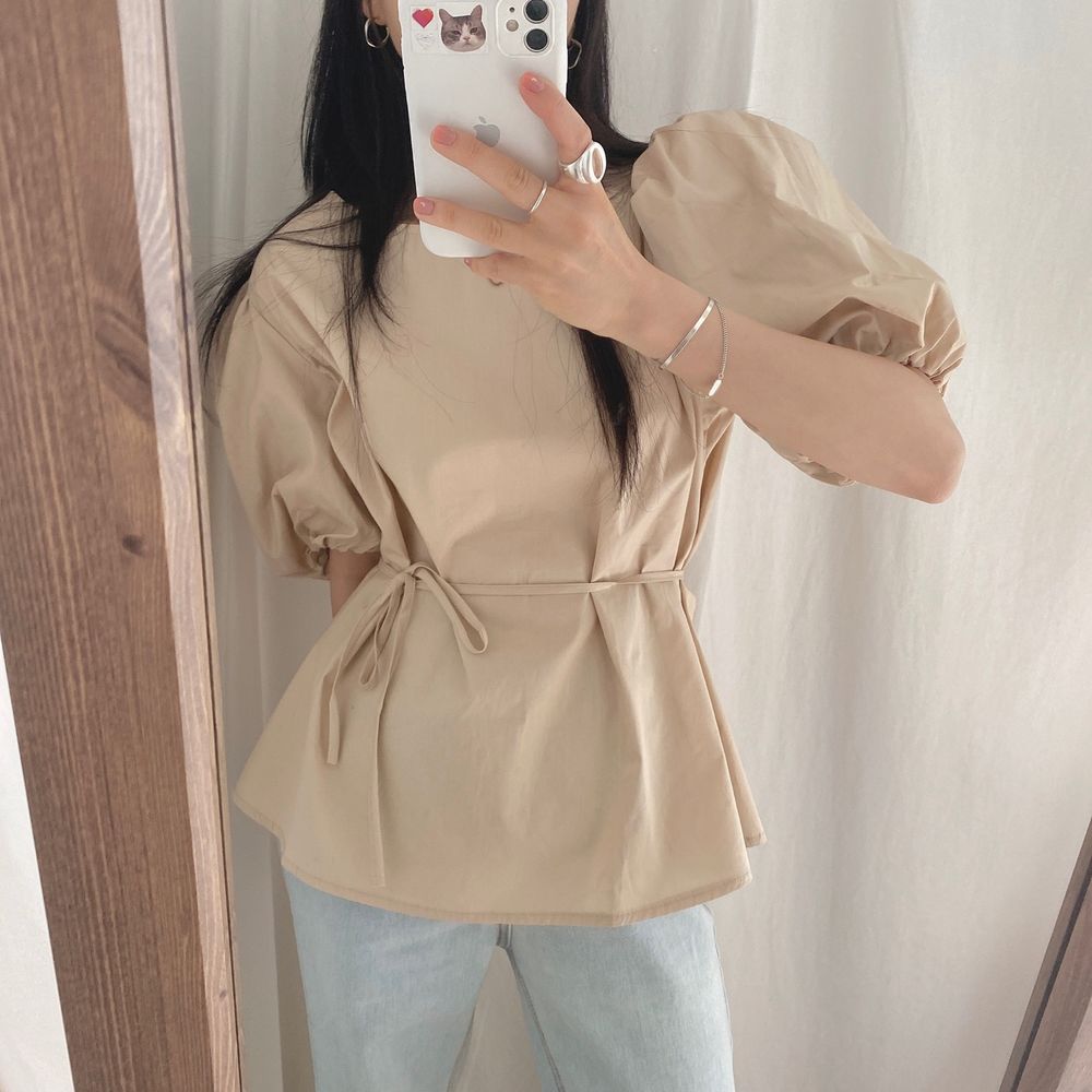 Bubble Sleeve Round Neck Top