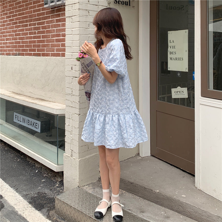 Embroidery Puff Sleeve Ruffle Hem Dress