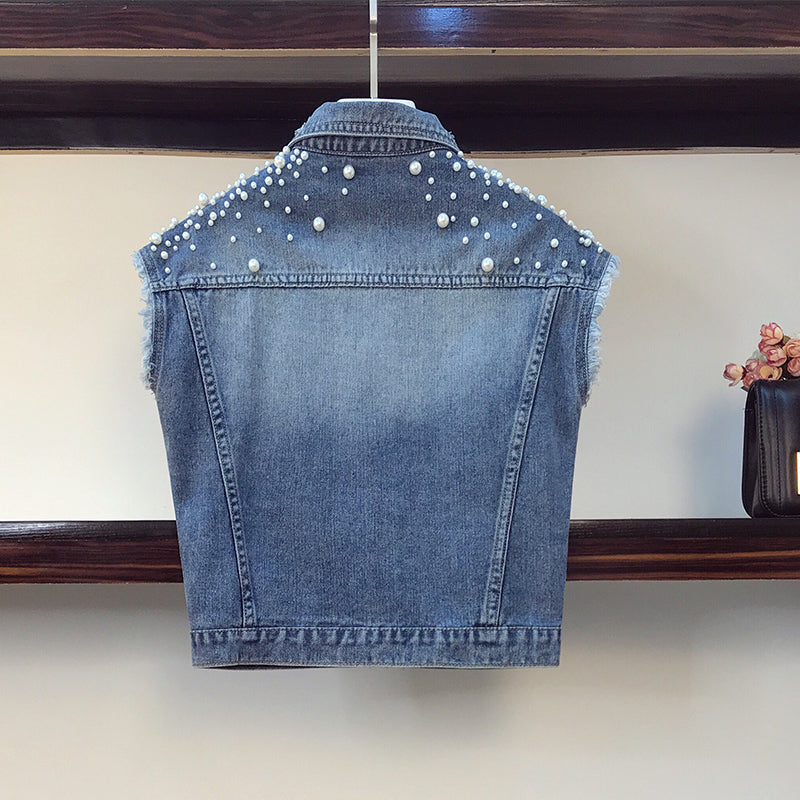 Pearl Embellishment Denim Vest