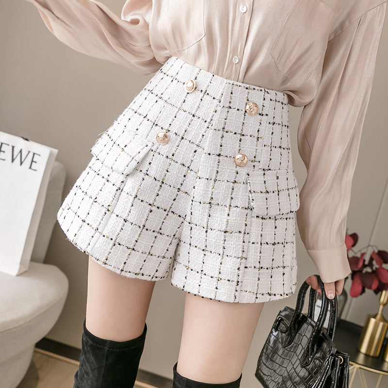 Tweed High Waist Side Fake Pocket Shorts