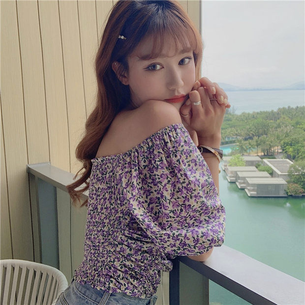 Smocked Back Mini Floral Bubble Sleeve Crop Top