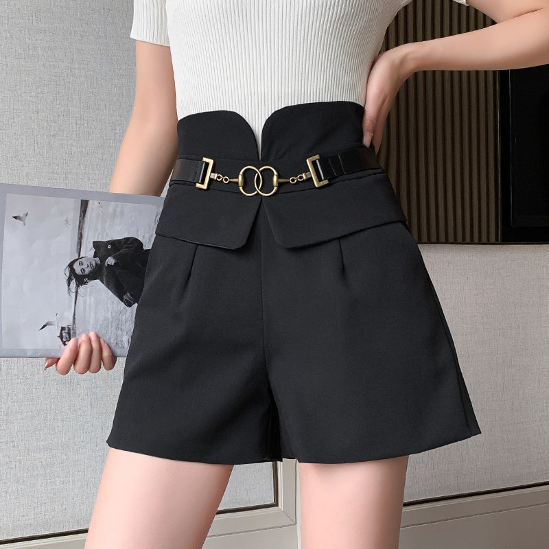 PU Leather Faux Belt Buckle High Waist Shorts