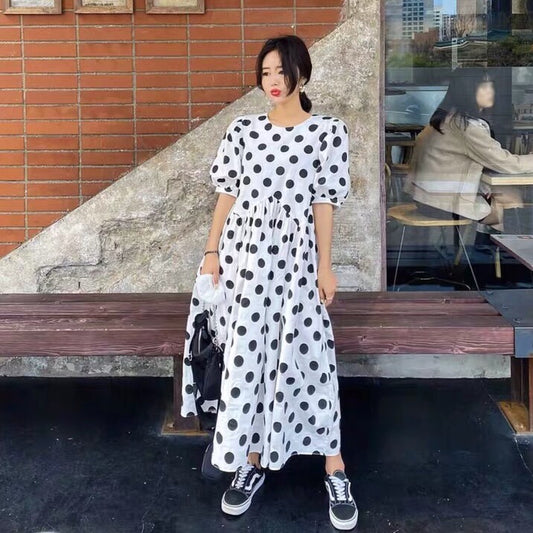 Polka Dot Puff Sleeve Maxi Dress