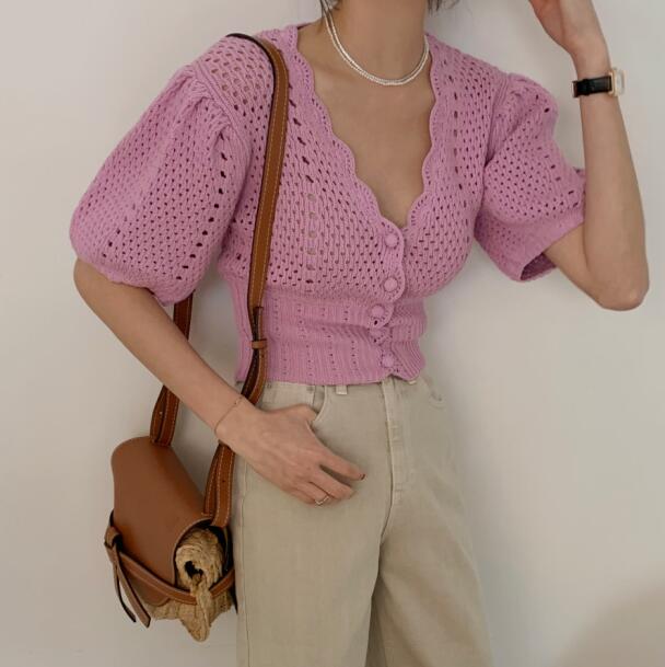 Crochet Knit Puff Sleeve Button Down Crop Top