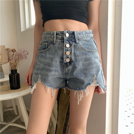 Ripped Button Down Denim Shorts