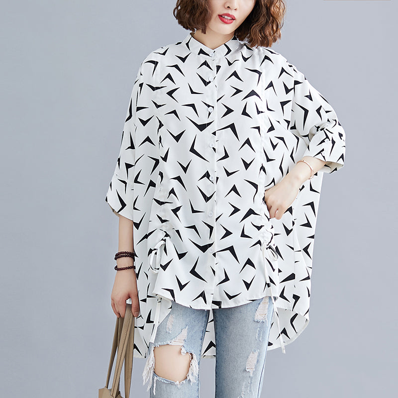 Front Drawstring Mandarin Collar Printed Shirt