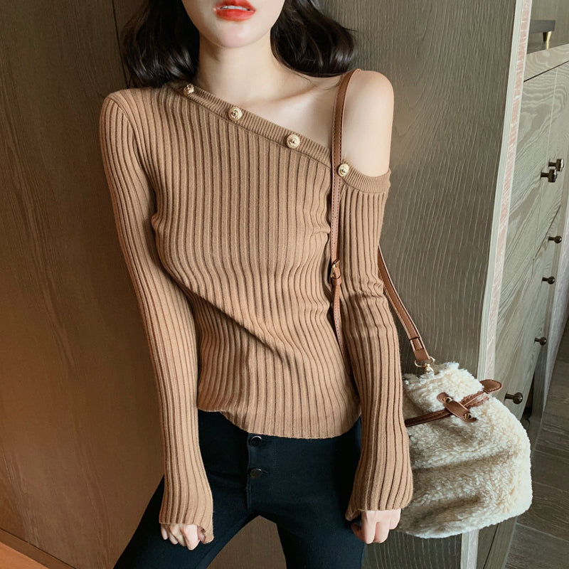 Gold Button Off Shoulder Knit Top