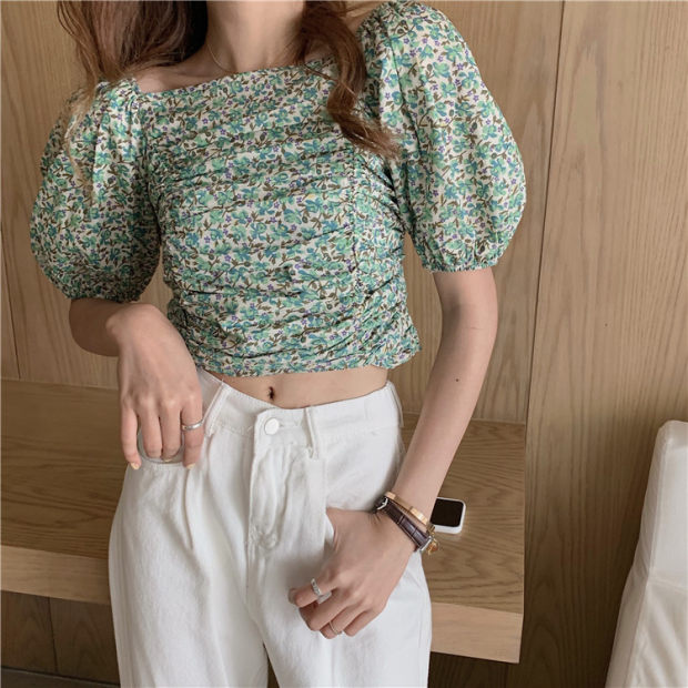 Smocked Back Mini Floral Bubble Sleeve Crop Top