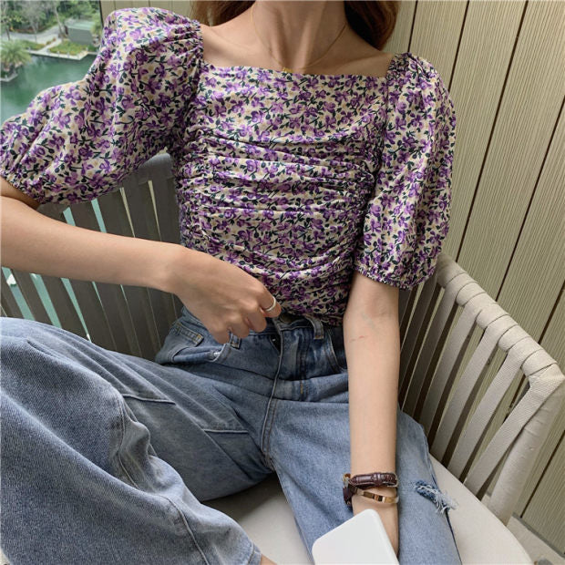 Smocked Back Mini Floral Bubble Sleeve Crop Top