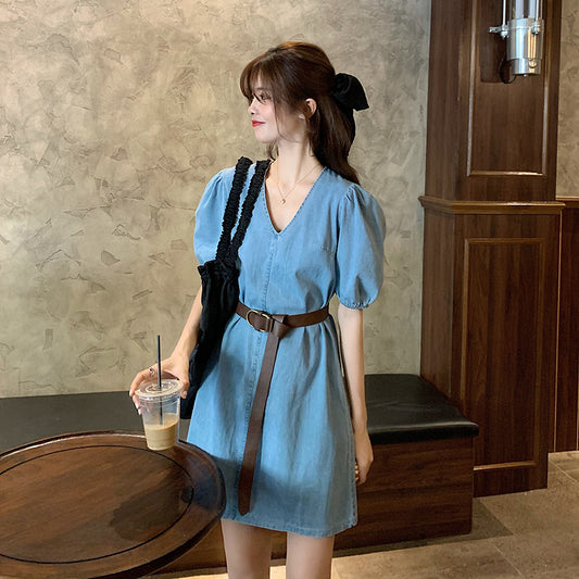 Denim V-Neck Puff Sleeve Dress