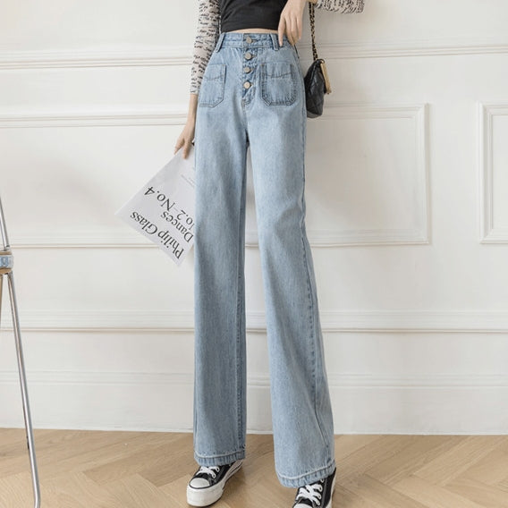 Wide Leg Button Down Front Pocket Denim Jeans