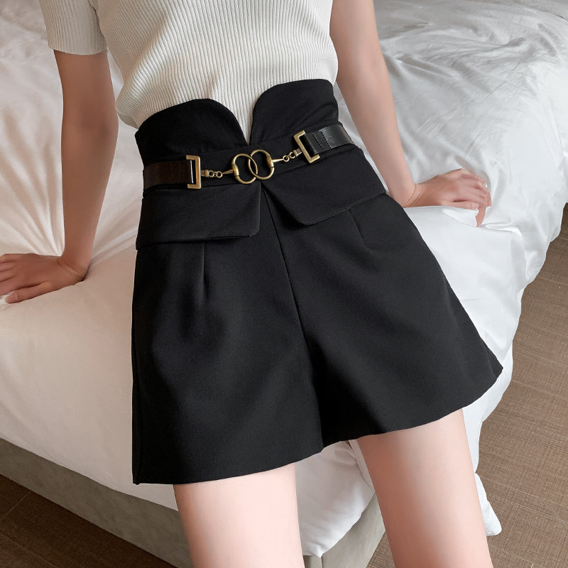 PU Leather Faux Belt Buckle High Waist Shorts