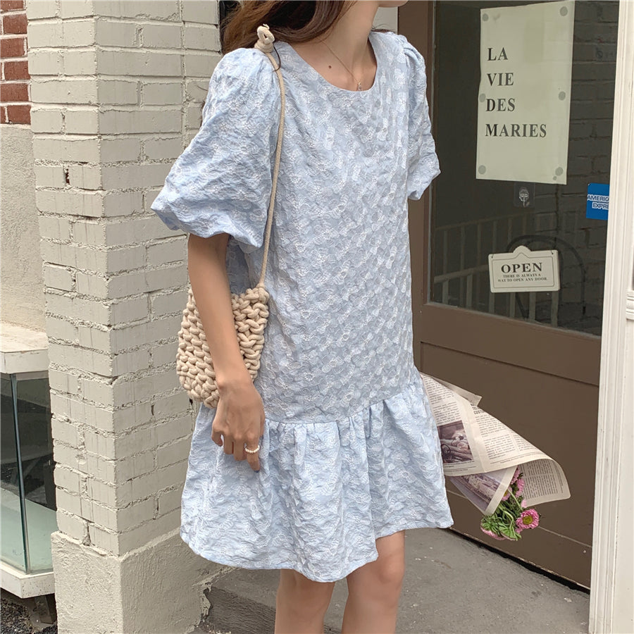 Embroidery Puff Sleeve Ruffle Hem Dress